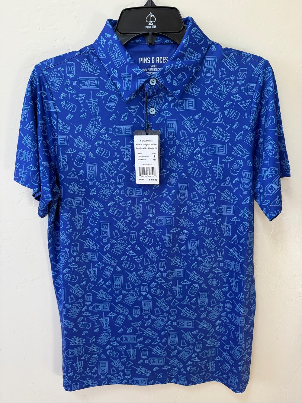 Pins & Aces Happy Hour Performance Stretch Polo Blue Bonnet Mens Size Small New